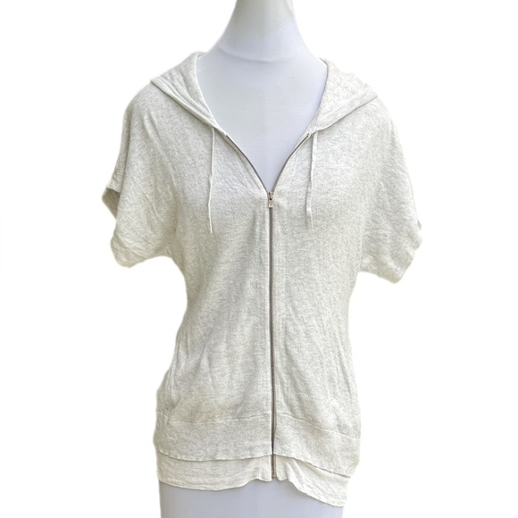 Theory Light Grey Short Sleeve Zippered Hoodie Cardigan Jacket Large L P - Picture 2 of 12